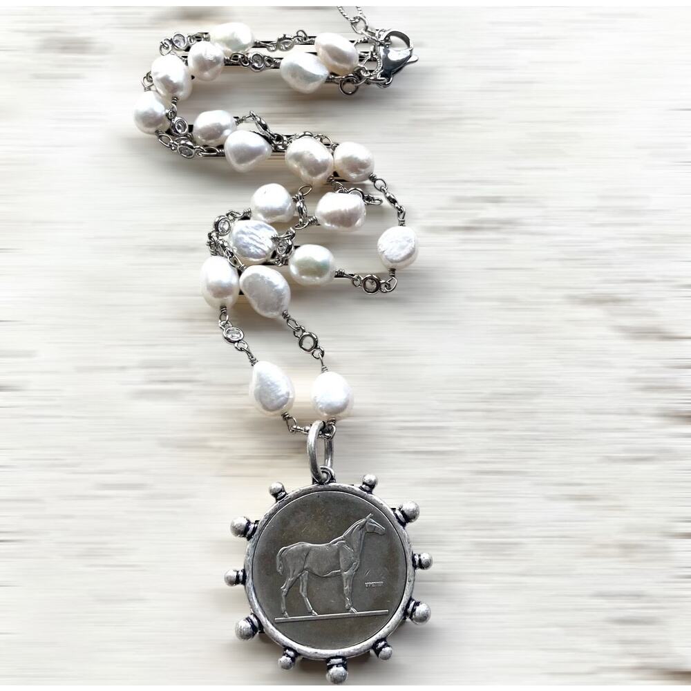 Freshwater Pearl Horse Coin Necklace, Equestrian Jewelry, Antique Silver